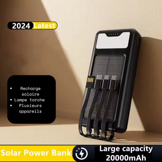 Powerbank 20 000 mA avec recharge solaire et lampe torche